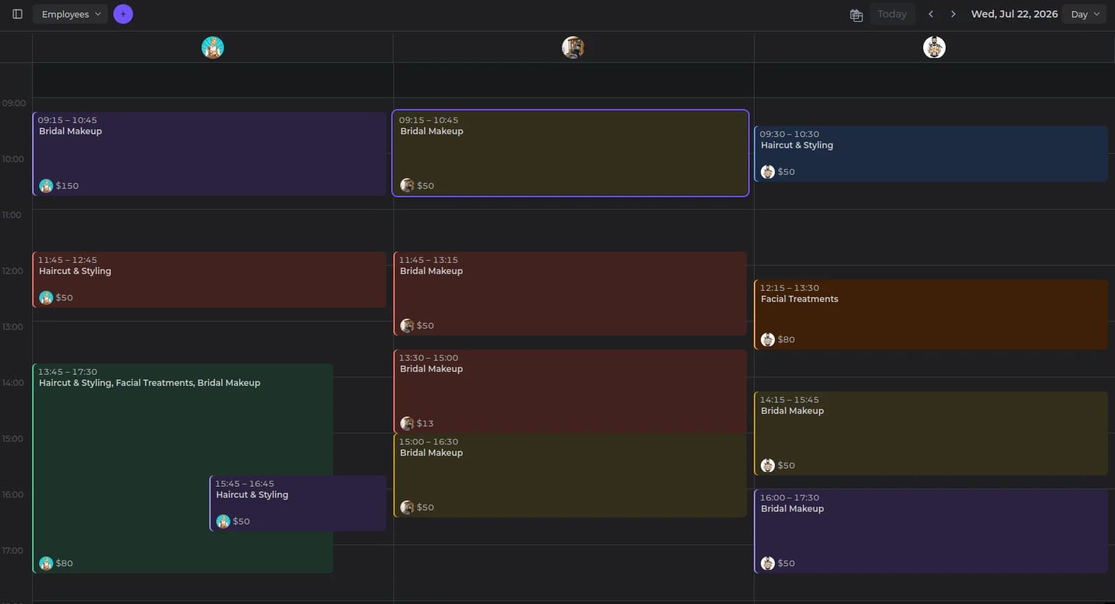Lumooly calendar showing employee schedules with color-coded appointments across the day